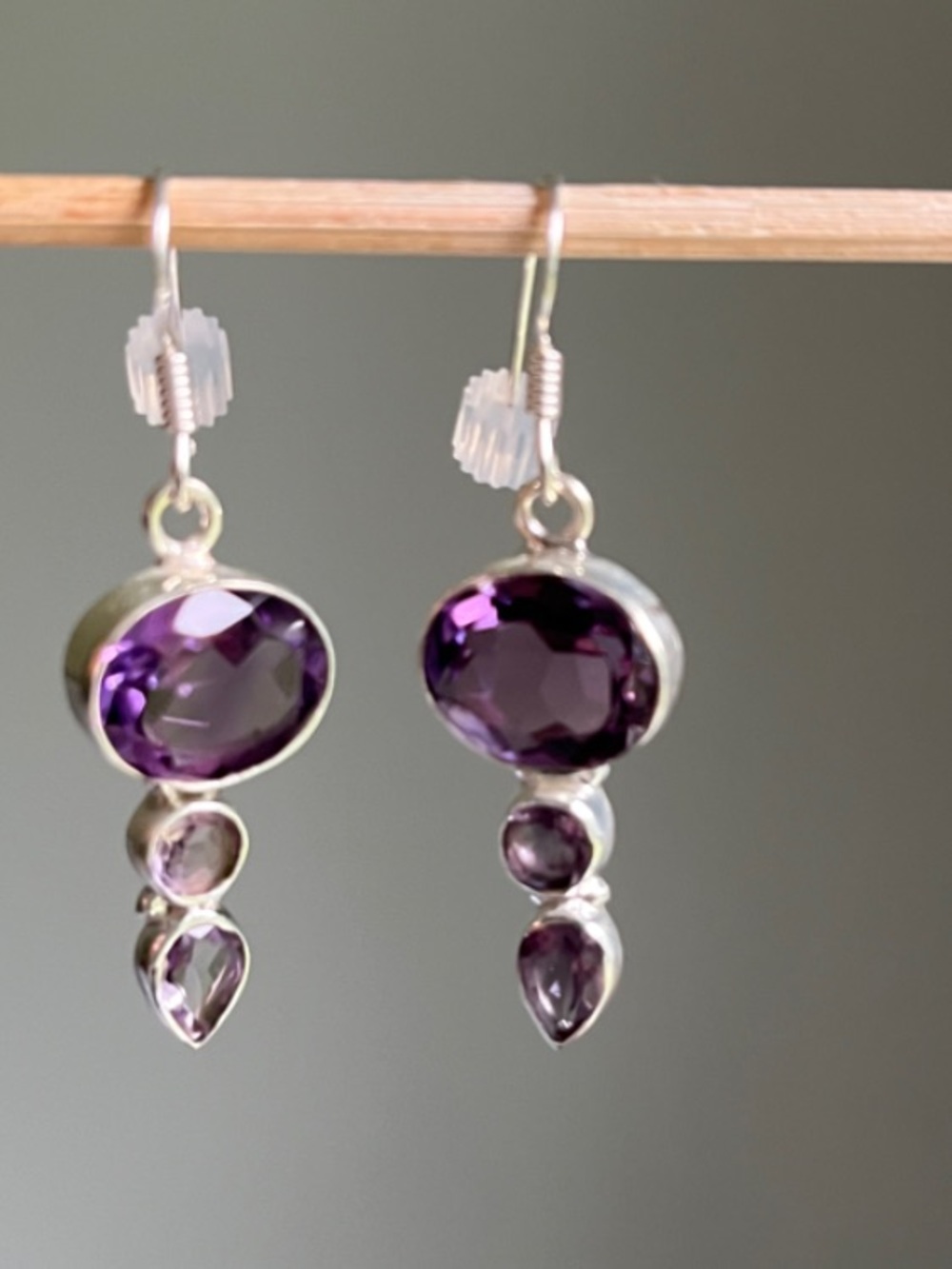 Sterling Silver Amethyst Drop Earrings - Purple - Picture 3 of 6